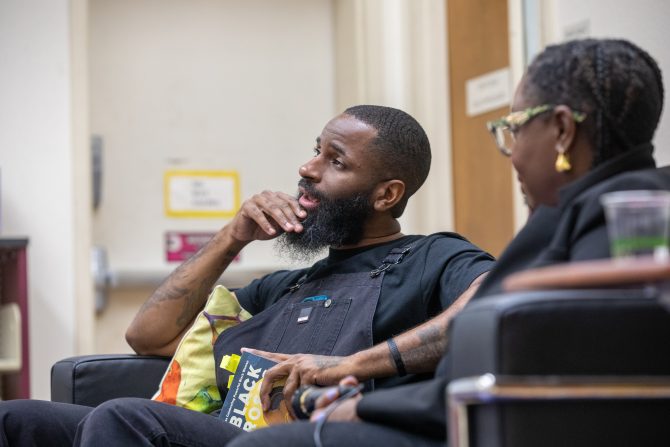 Book launch event for 'Black Roses' by author, poet, and Spoken Word performer Harold Green III in conversation with Kimberly Bryand (founder of Black Girls Code) at the Eastmont Branch of Oakland Public Library on April. 25, 2022.