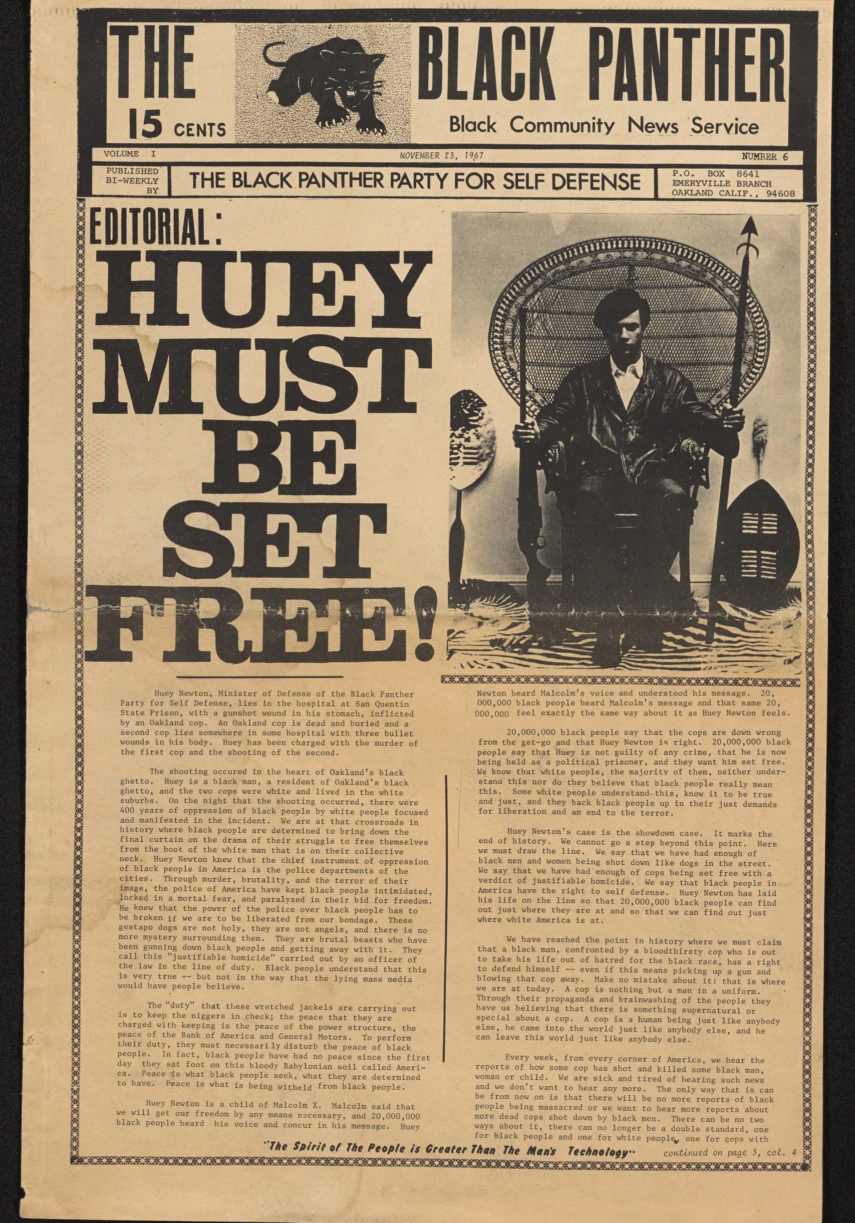 Front page of the Black Panther newspaper with photo of Huey P. Newton and headline reading Huey Must Be Set Free